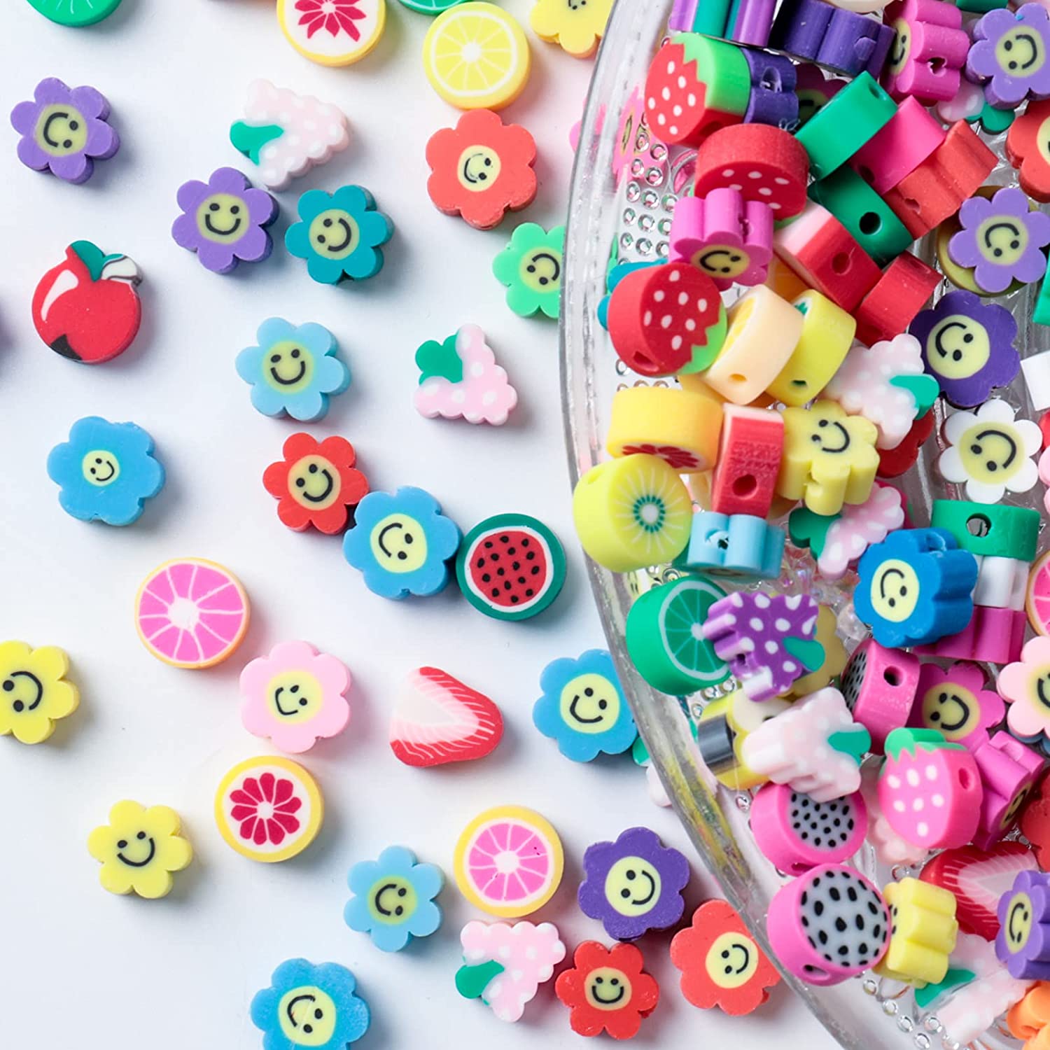 200pcs Mixed Fruit Spacer Beads Smile Face Beads Color Polymer Clay Beads,  for DIY Jewelry Bracelet Earring Necklace Craft Making Supplies