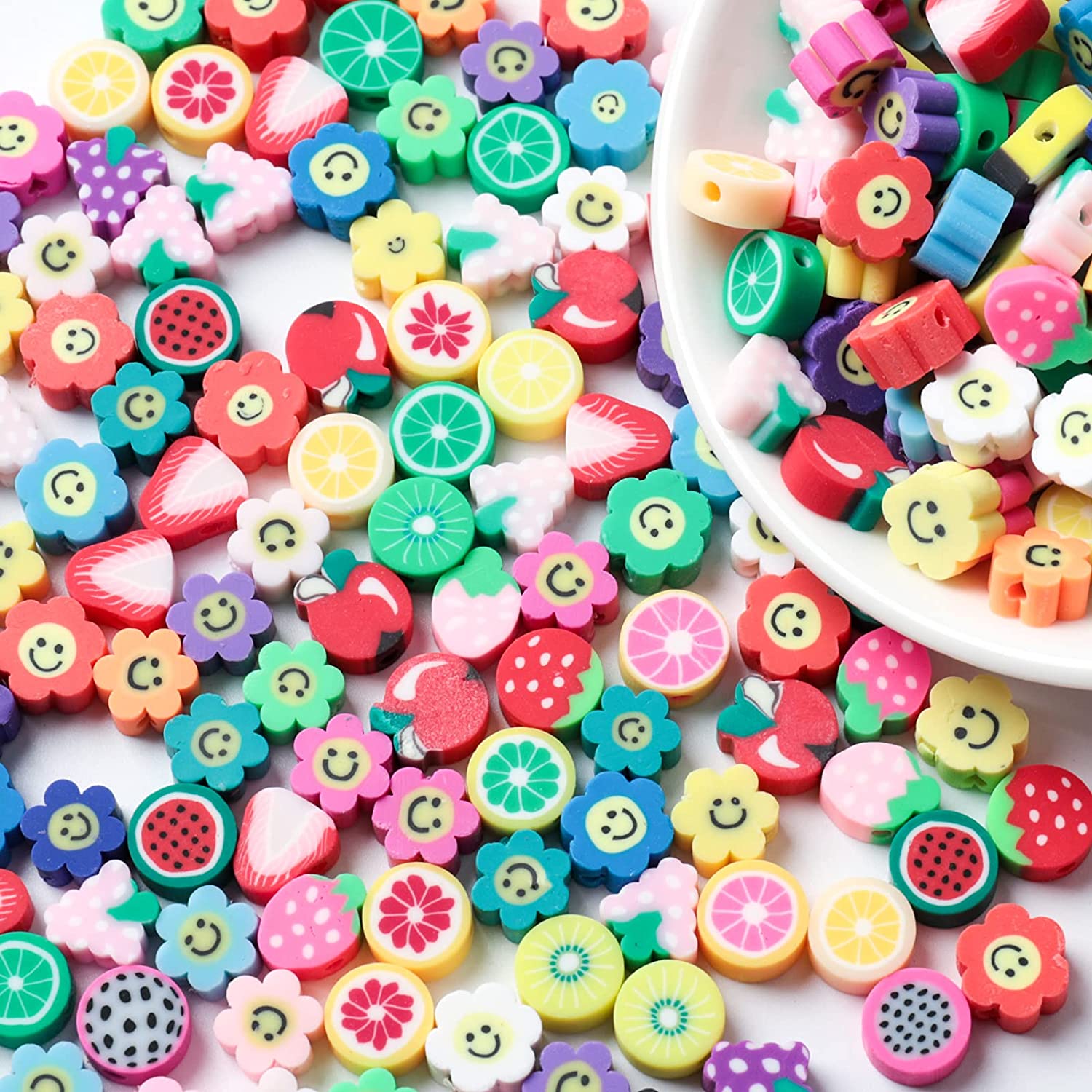 Ninelimi 200pcs Mixed Fruit Spacer Beads Smile Face Beads Color Polymer Clay Beads for DIY Jewelry Bracelet Earring Necklace Craft Making Supplies, 20