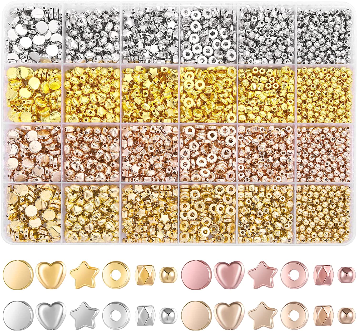3600 Pieces Gold Spacer Beads for Bracelets Necklaces Jewelry Making,  Bracelet Beads, Round Beads and Star Beads-(Gold, Sliver, Rose Gold, KC