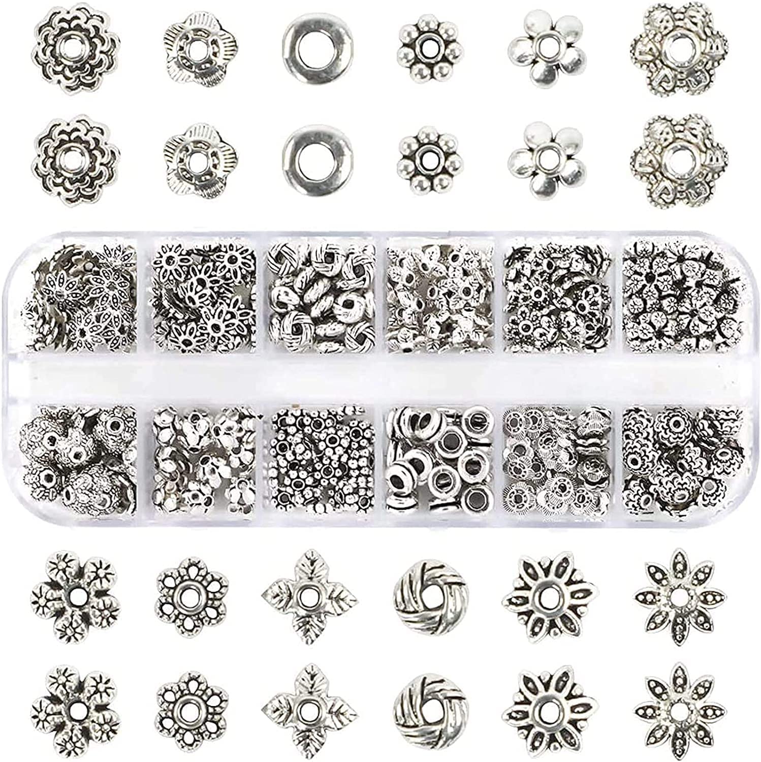 QUEFE 360pcs Silver Spacer Beads Caps of 12 Styles Jewelry Accessories for Bracelet Necklace Jewelry Making