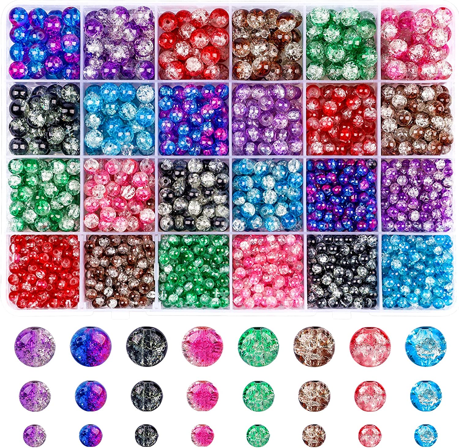 Suhome 1920pcs 8 Color Crackle Lampwork Glass Beads 4mm 6mm 8mm Handcrafted Round Spacer Loose Beads for Jewelry Making