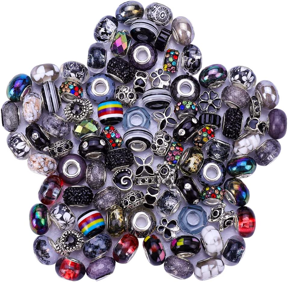 VICTLOV 60 Pieces European Large Hole Spacer Beads Charm Fairy Wands Beads  Rhinestone Lampwork Beads Supplies for Bracelets Jewelry Making (Black)