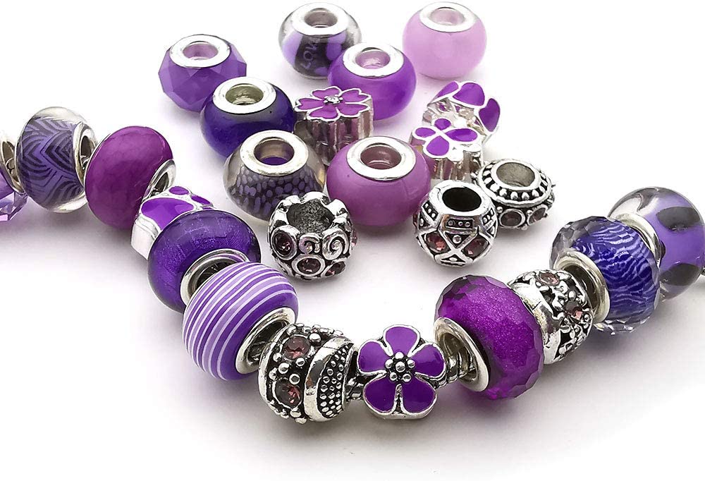 VICTLOV 60 Pieces European Large Hole Spacer Beads Charm Fairy Wands Beads  Rhinestone Lampwork Beads Supplies for Bracelets Jewelry Making (Purple)