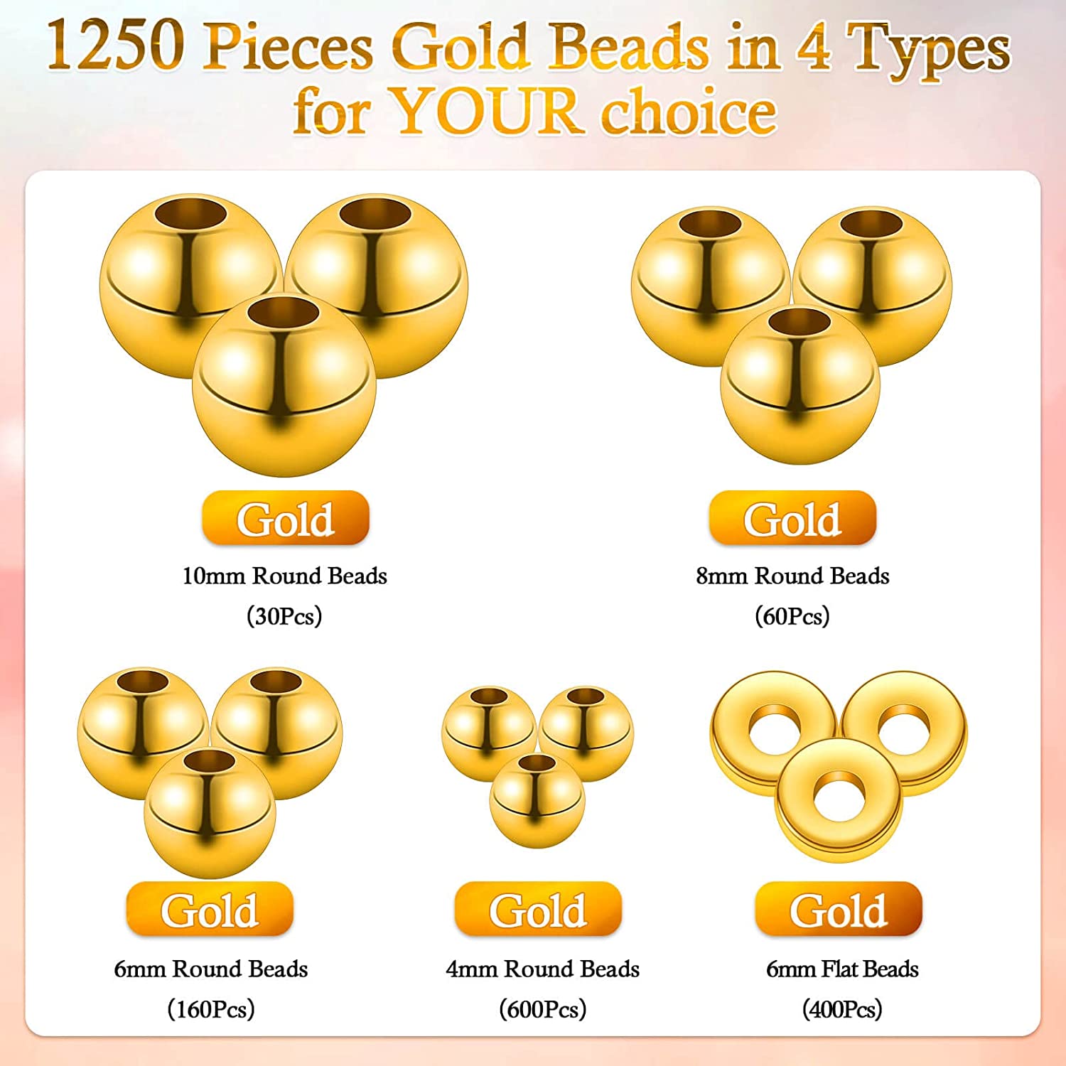 1250 Pieces Gold Spacer Beads for Jewelry Making, Gold Round Beads and Gold  Flat Clay Beads for Bracelets Making, Small Gold Filled Beads for Jewelry  Making